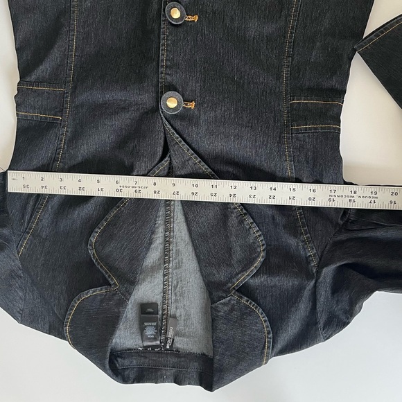 Bisou Bisou Dark Blue Denim Trench Coat Jean Jacket Contrast Stitch Button Small - Picture 13 of 13